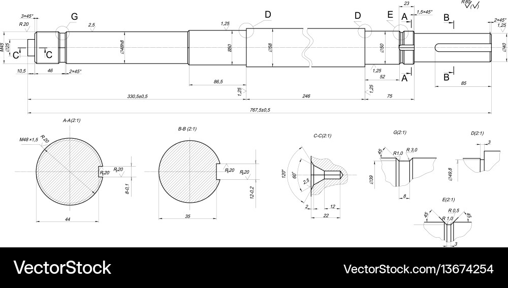 Expanded shaft sketch with element sections vector image