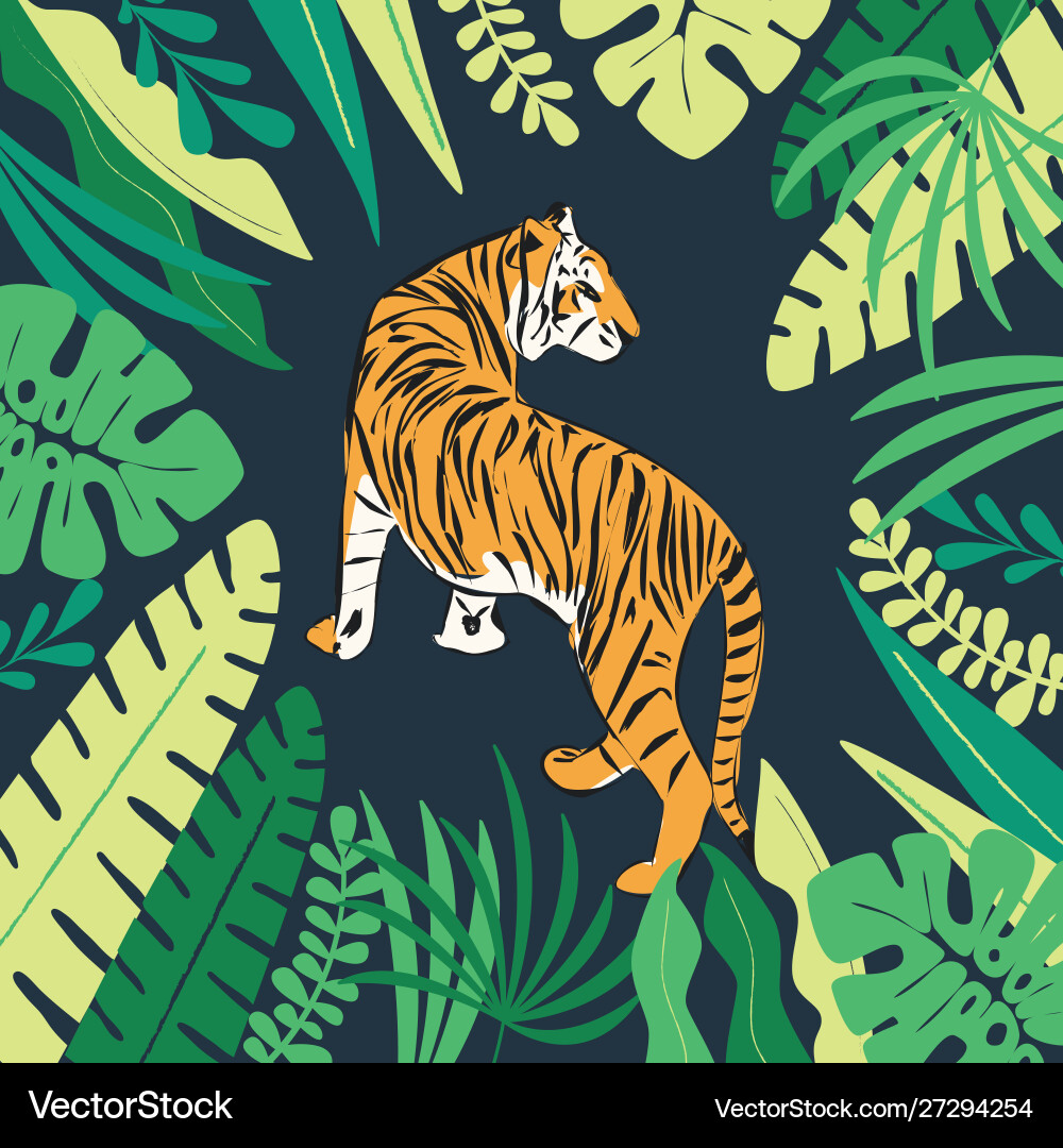 Handgezeichneter Tiger mit exotischen tropischen Blättern flach Handgezeichneter Tiger mit exotischen tropischen Blättern flach vektorbild