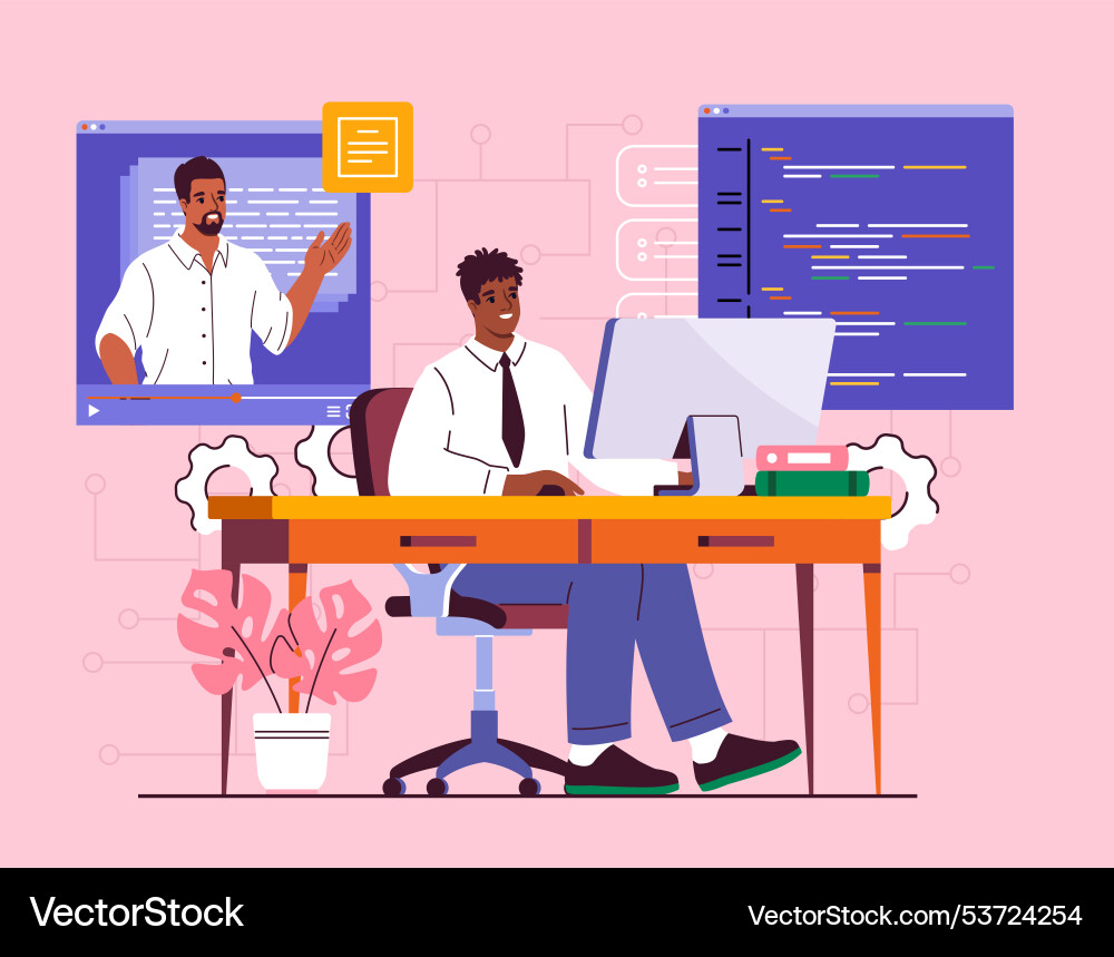 Man with programming young guy computer Man with programming young guy computer vector image