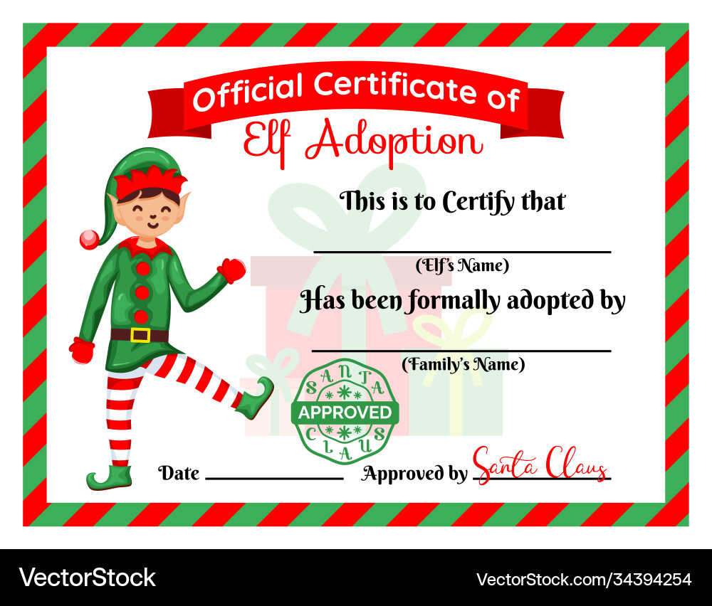 Santa's Elf Adoption Certificate vector image