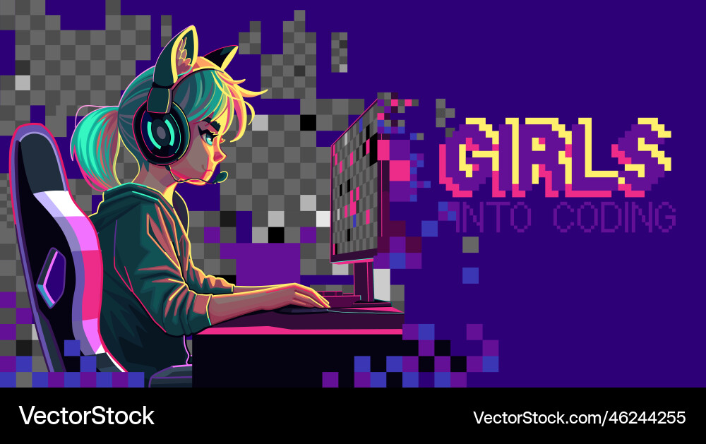 Girl programmer with a headset sits in front Girl programmer with a headset sits in front vector image