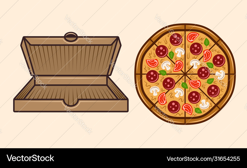 Pizza and cardboard open empty box set Vector Image
