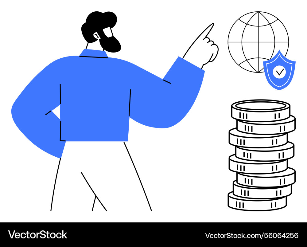Man pointing toward globe with security shield Man pointing toward globe with security shield vector image