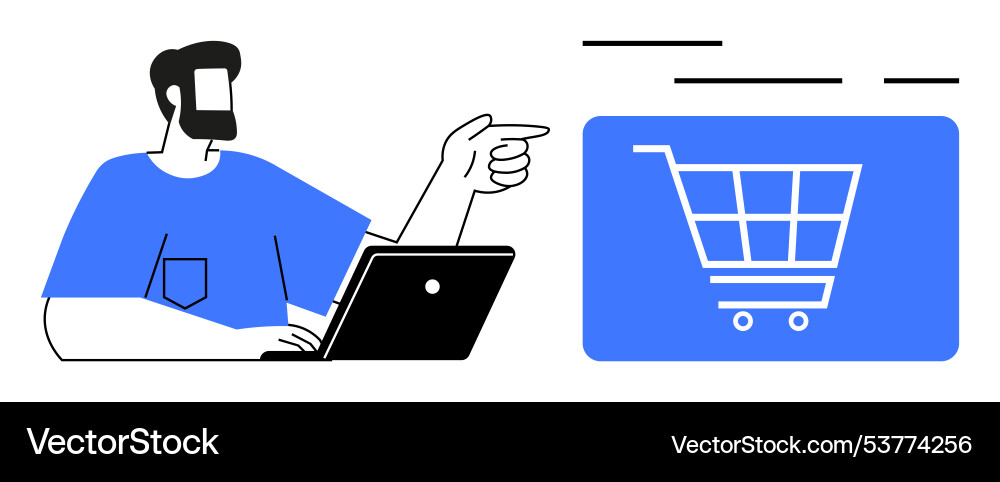 Man using laptop pointing at shopping cart symbol Man using laptop pointing at shopping cart symbol Vector Image