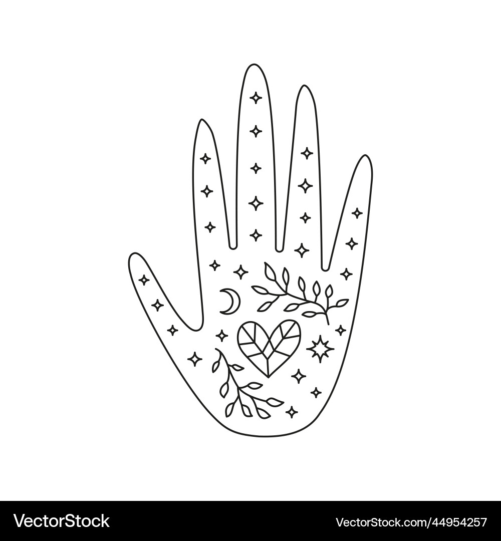 Witchy hand with leafy twigs heart moon and stars Witchy hand with leafy twigs heart moon and stars vector image