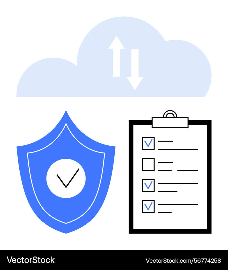 Cloud data transfer with shield and checklist Cloud data transfer with shield and checklist vector image