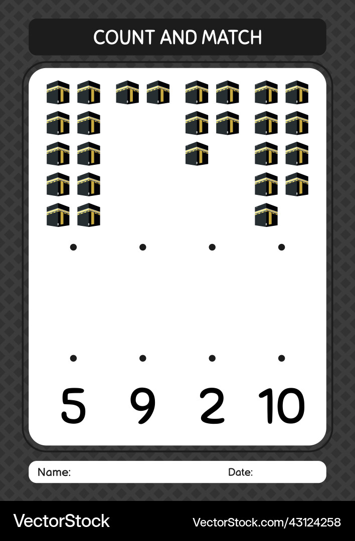 Count and match game with kaaba worksheet Count and match game with kaaba worksheet vector image