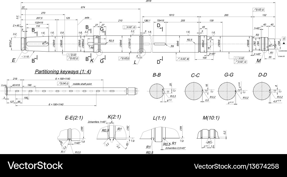 Expanded shaft sketch with partitioning keyways vector image