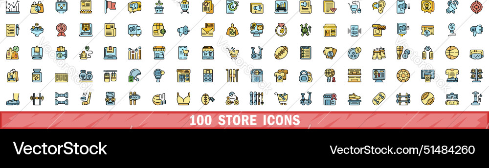 100 store icons set color line style 100 store icons set color line style vector image