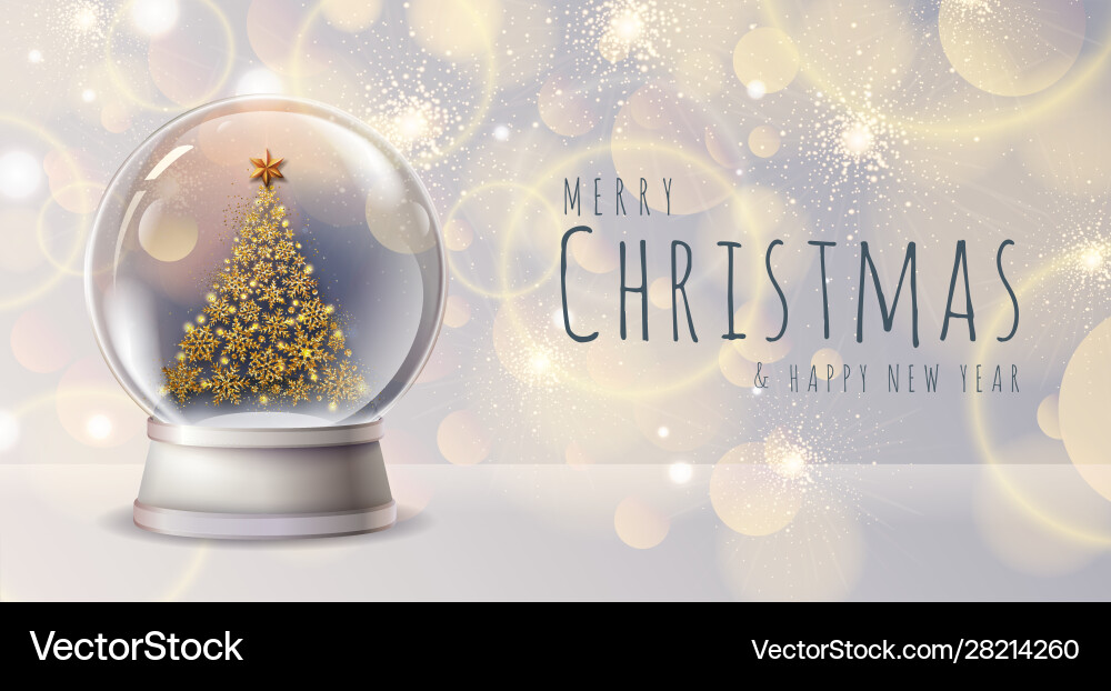Realistische Schneekugel mit goldenem Weihnachtsbaum Realistische Schneekugel mit goldenem Weihnachtsbaum vektorbild