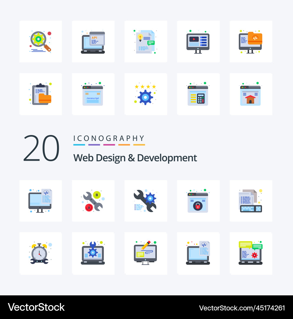 20 web design and development flat color icon vector image