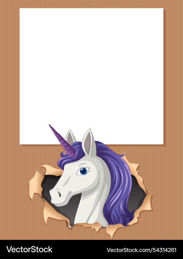 A unicorn emerges from torn paper frame Vector Image