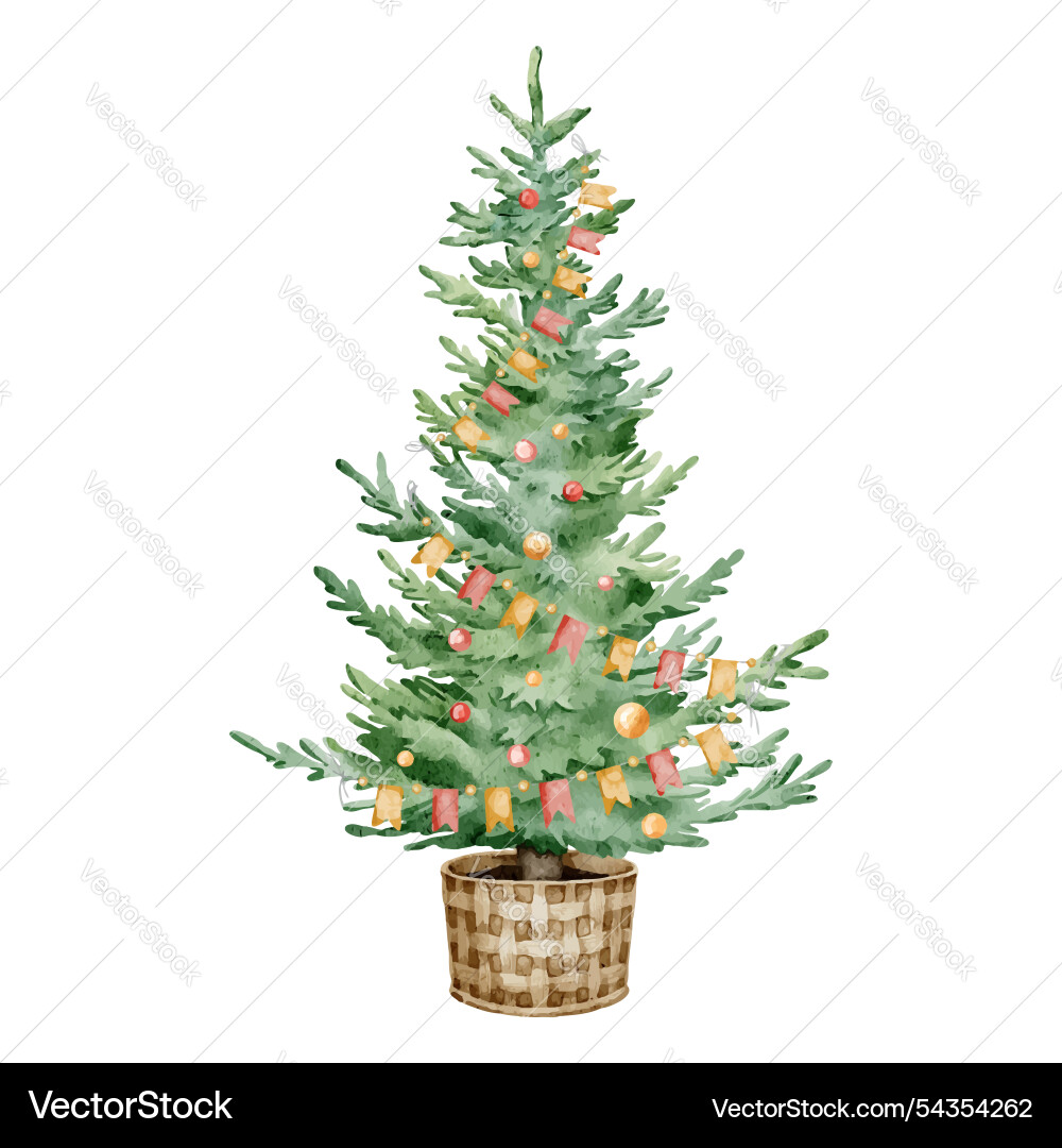 Watercolor christmas tree with garlands and lights Watercolor christmas tree with garlands and lights vector image