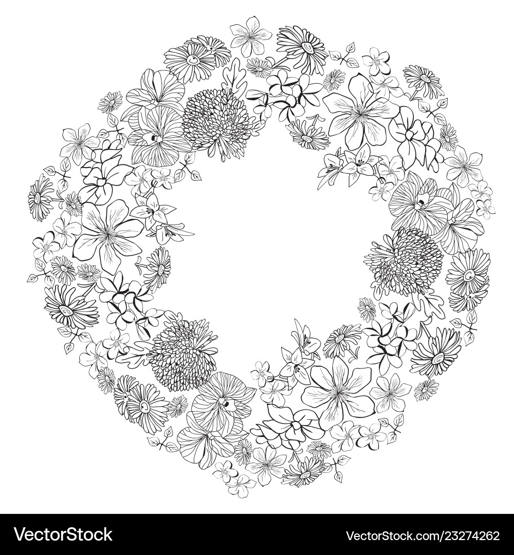Wreath with sketch flowers blossom in white Wreath with sketch flowers blossom in white vector image