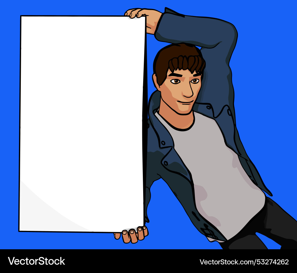 Young man holding blank cardboard showing copy Young man holding blank cardboard showing copy vector image