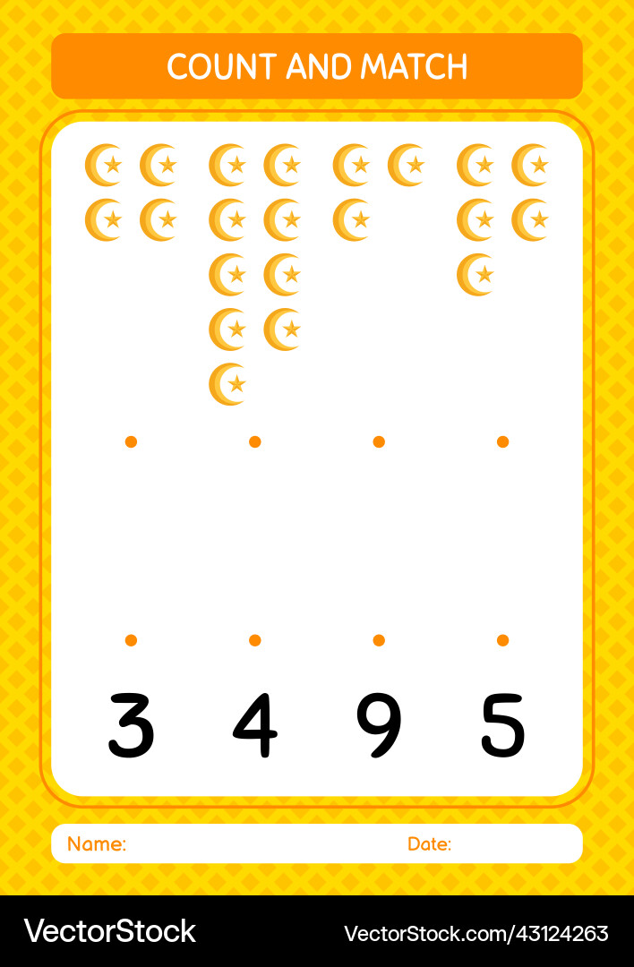 Count and match game with moon star worksheet Count and match game with moon star worksheet vector image