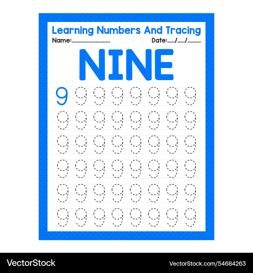 Number nine learning and tracing Number nine learning and tracing vector image
