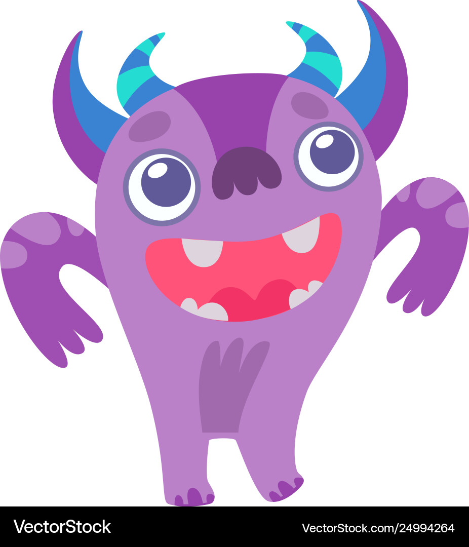 Cute horned monster funny purple alien cartoon Cute horned monster funny purple alien cartoon vector image