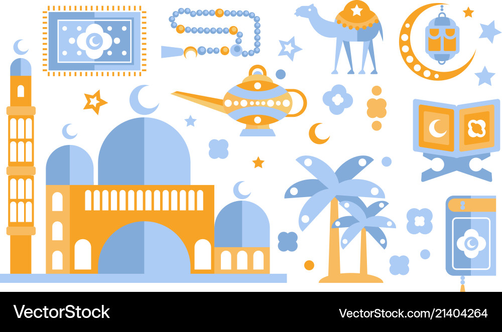 Islamic culture color icons set muslim attributes Islamic culture color icons set muslim attributes vector image