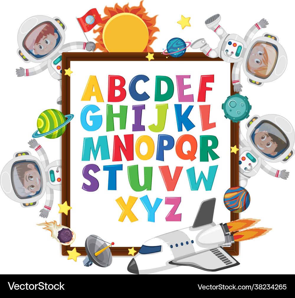 A-z alphabet board with kids in outer space theme vector image