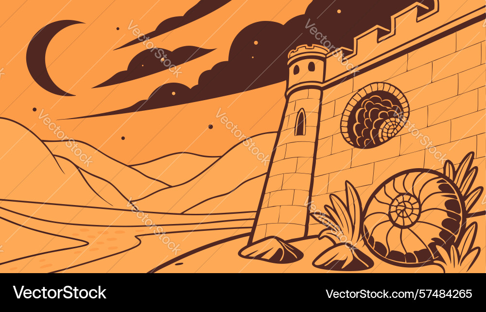 Ancient tower in a desert with fossilized vector image
