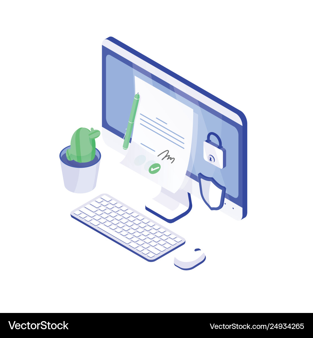 Desktop computer paper document with signature Desktop computer paper document with signature vector image