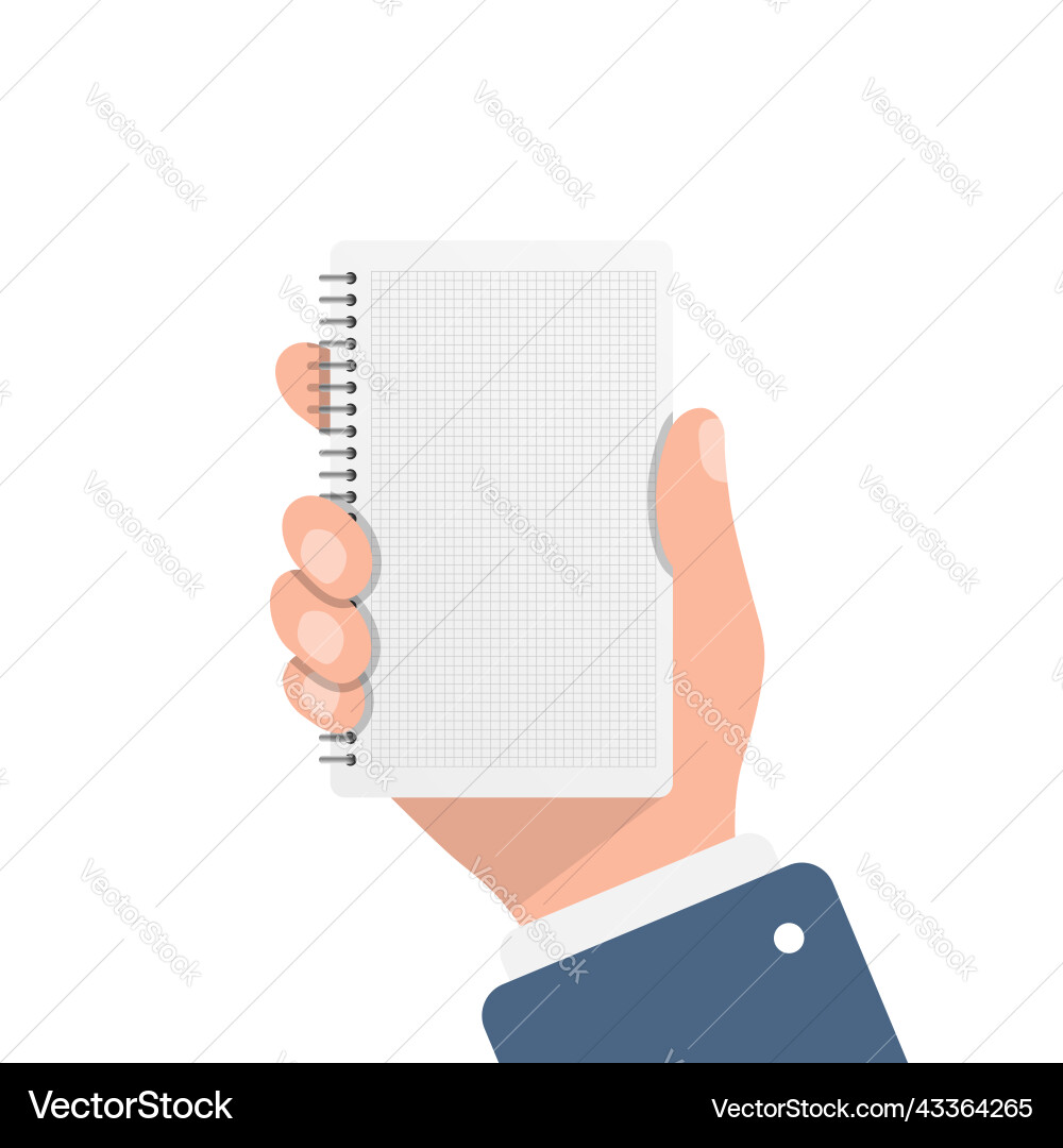 Notebook in hand flat style paper sheet Notebook in hand flat style paper sheet Vector Image