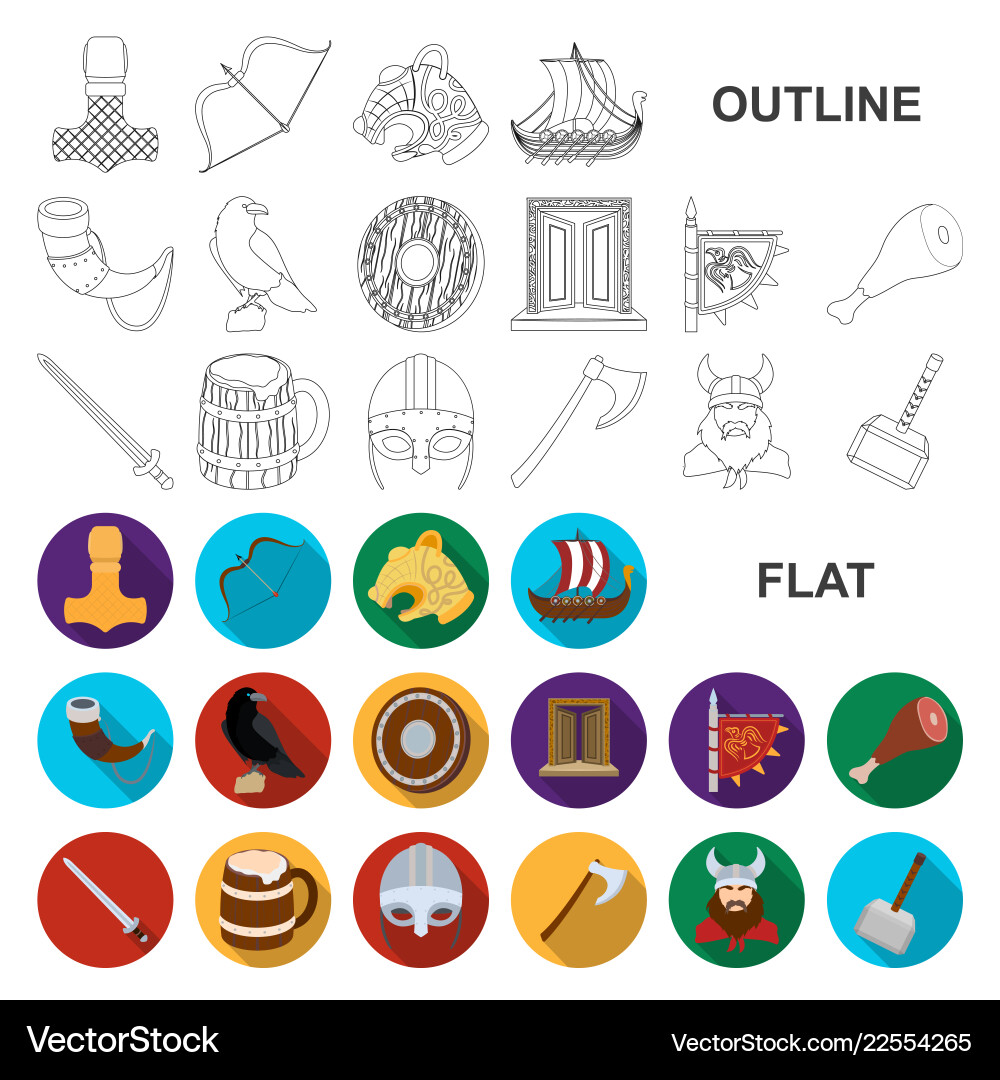 Vikings and attributes flat icons in set vector image