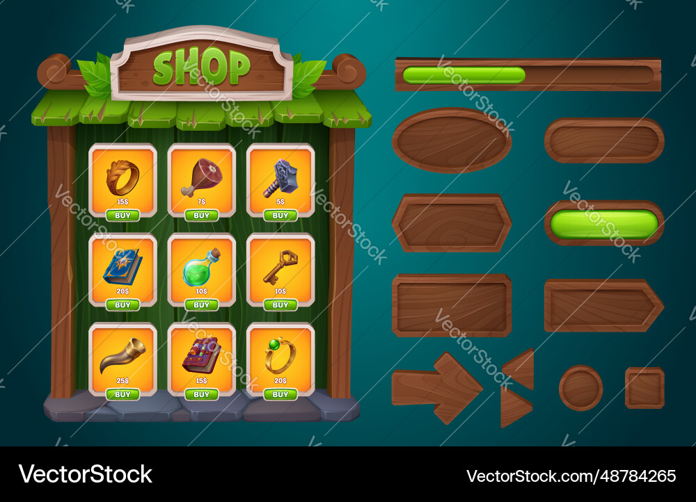 Wood game shop ui interface with button frame vector image