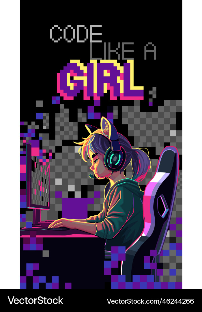Asian girl programmer with a headset sits in front