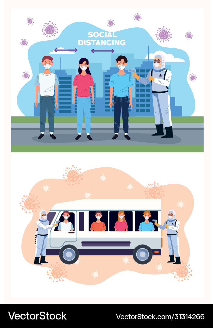 Doctors checking temperature for covid19 in bus Doctors checking temperature for covid19 in bus Vector Image