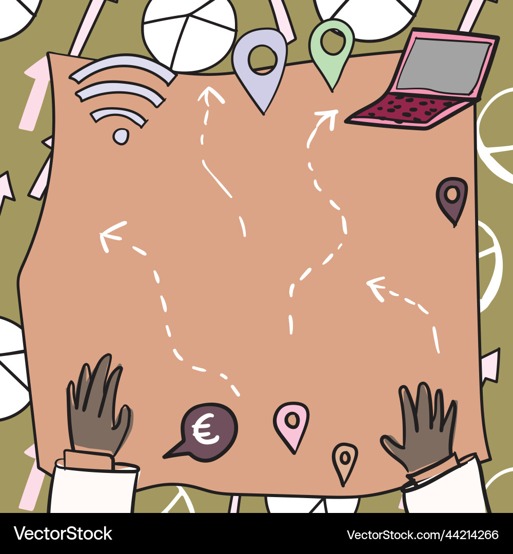 Hands on blueprint with routes and ways leading vector image
