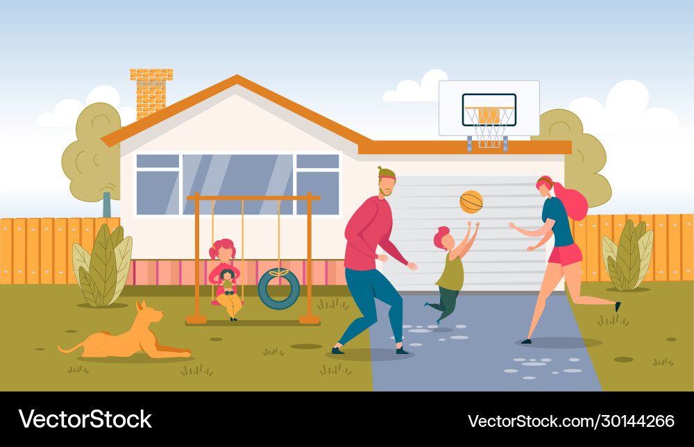 Happy family playing ball on backyard at home Happy family playing ball on backyard at home vector image