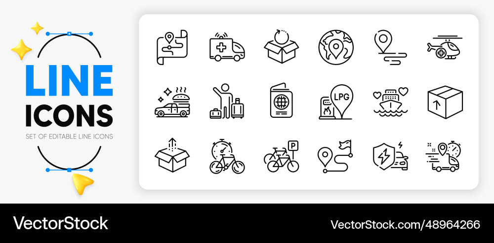 Send box return package and passport line icons Send box return package and passport line icons vector image