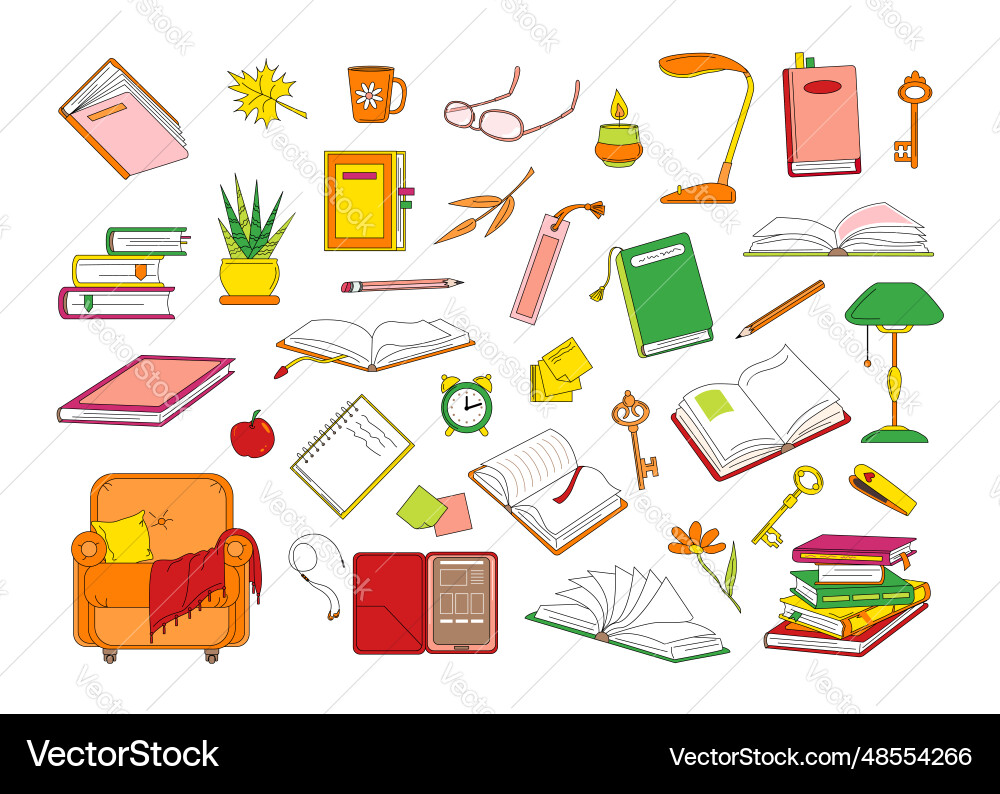 Set of books and objects related to reading Vector Image