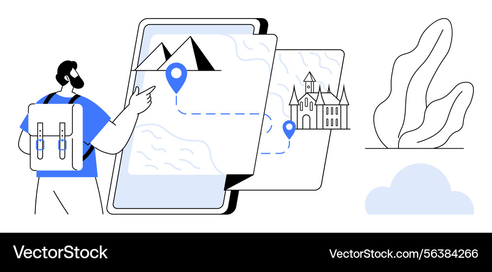 Traveler exploring map on a tablet with routes Traveler exploring map on a tablet with routes Vector Image