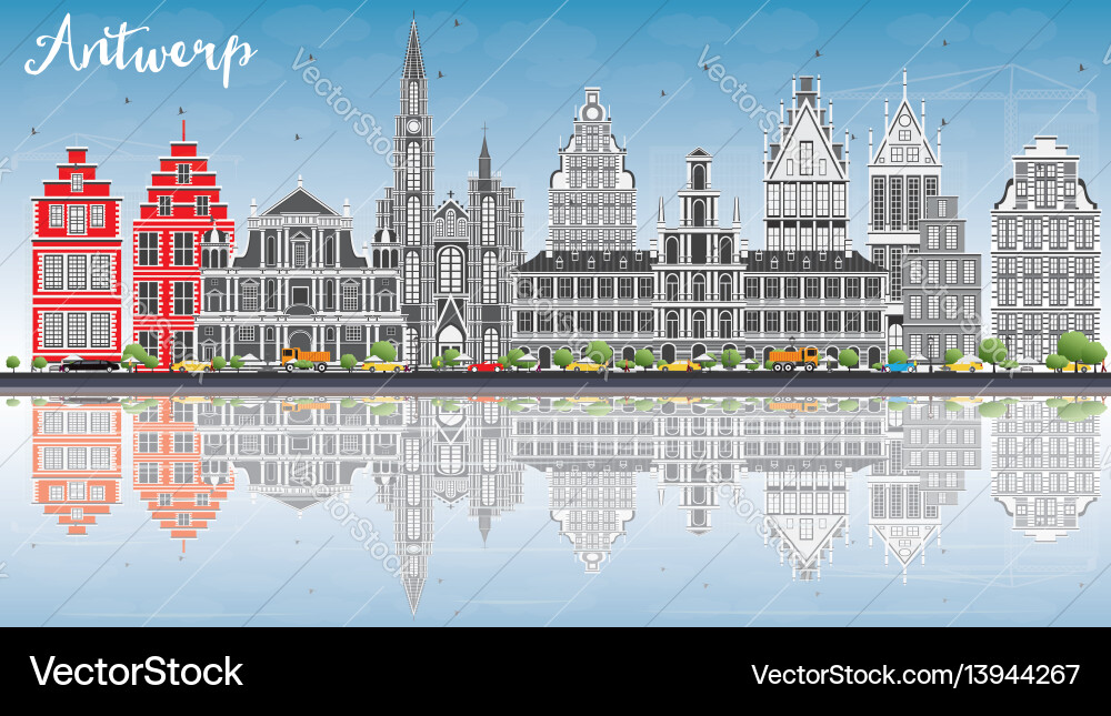 Antwerp Cityscape - Gray Buildings & Reflections Vector Image