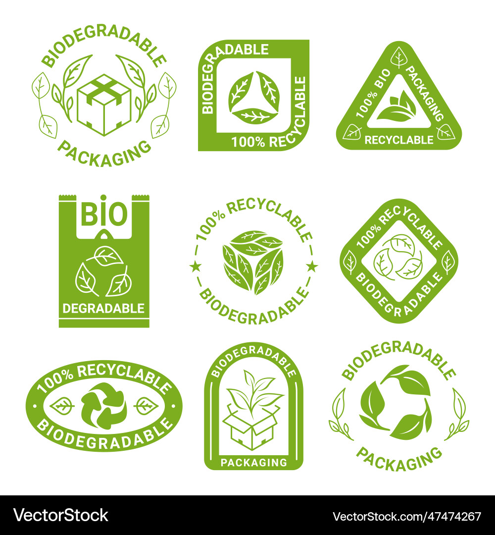 Biodegradable package green eco label 100 percent Vector Image