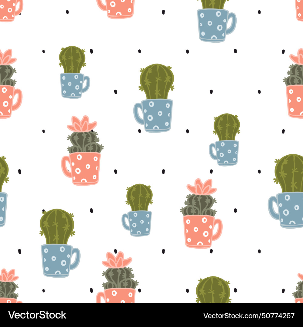 Cacti in cups seamless pattern Royalty Free Vector Image
