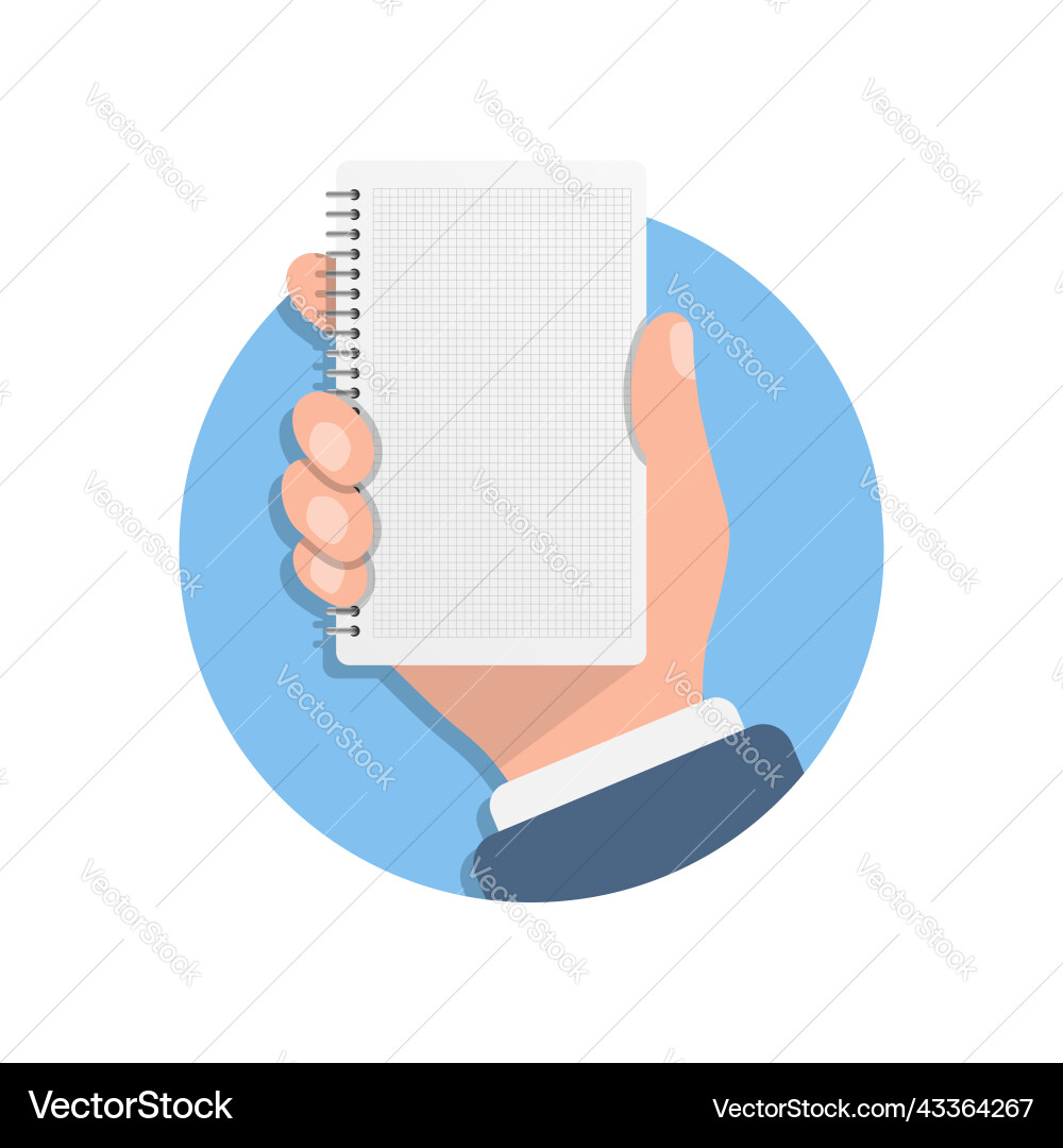 Notebook in hand flat style paper sheet Notebook in hand flat style paper sheet vector image