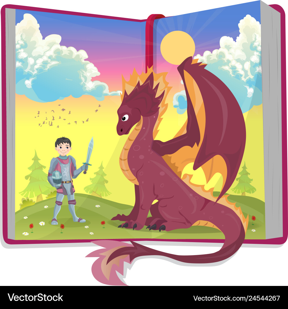 Open book of fairytales with knight and dragon Open book of fairytales with knight and dragon vector image