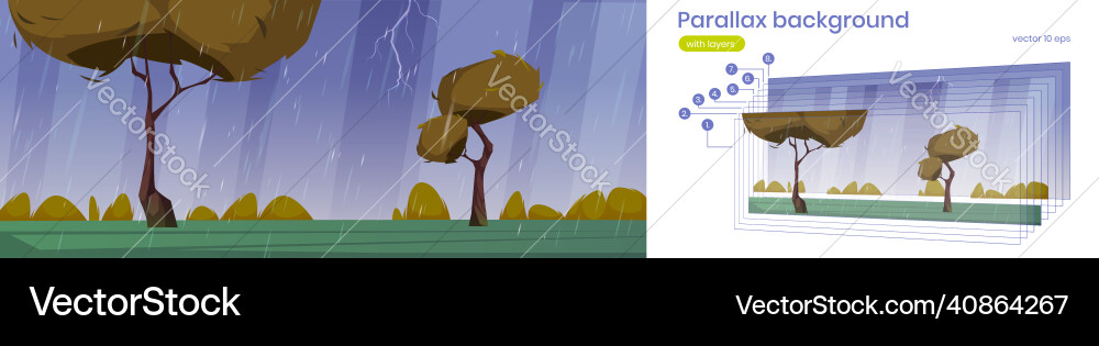 Parallax background with autumn landscape in rain Parallax background with autumn landscape in rain Vector Image