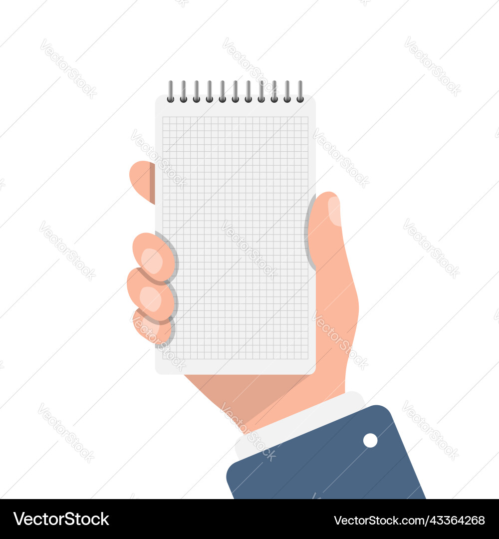 Notebook in hand flat style paper sheet Notebook in hand flat style paper sheet vector image