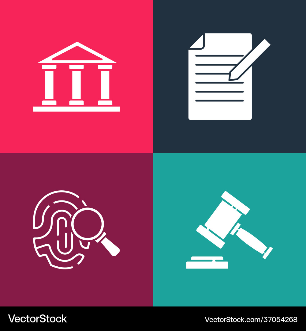 Set pop art judge gavel fingerprint document Set pop art judge gavel fingerprint document Vector Image
