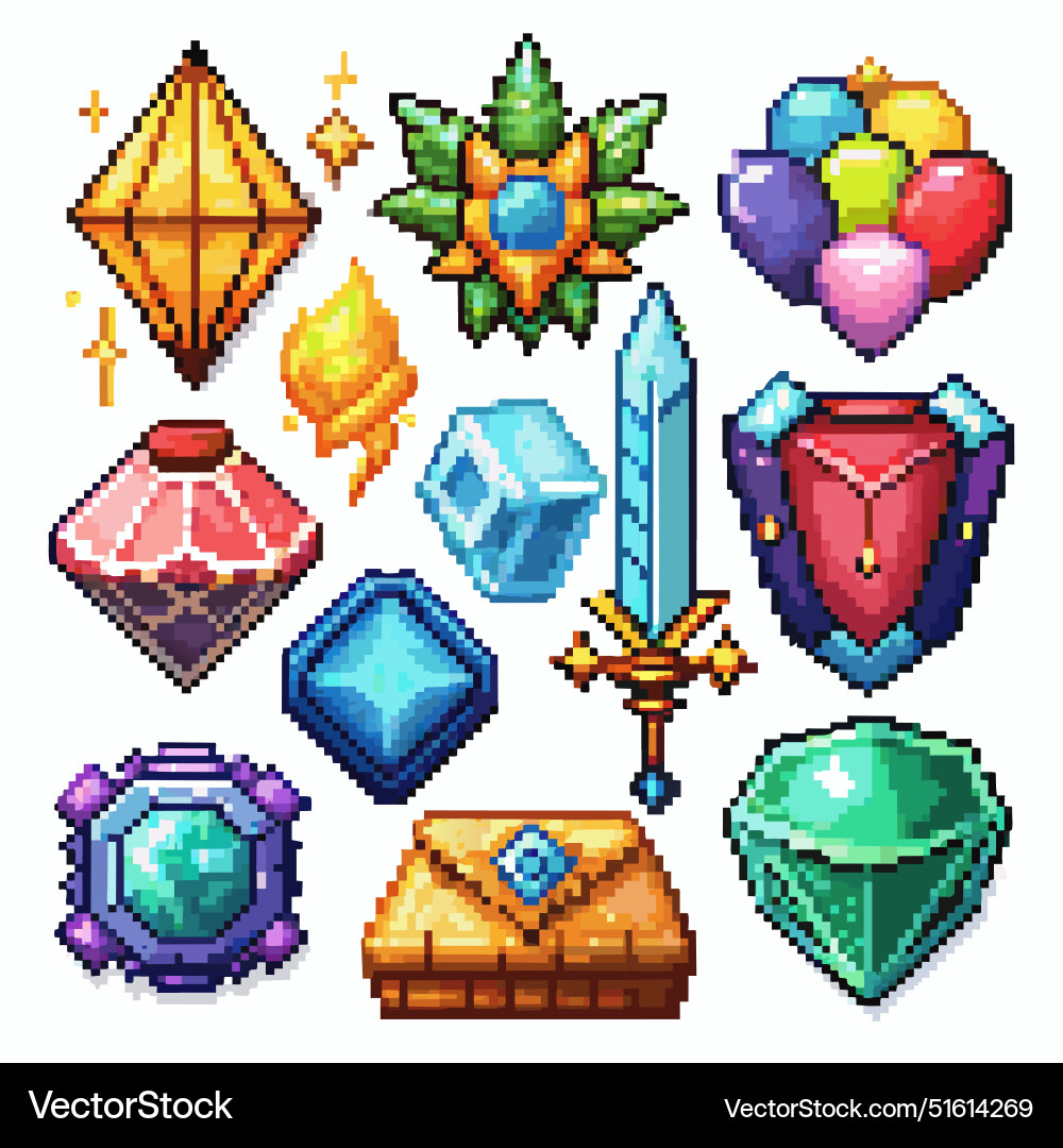 A collection of pixelated objects including A collection of pixelated objects including vector image