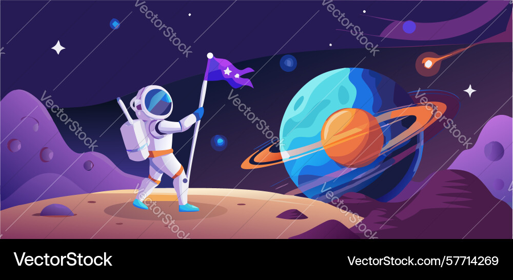 Astronaut on alien planet with flag space Vector Image