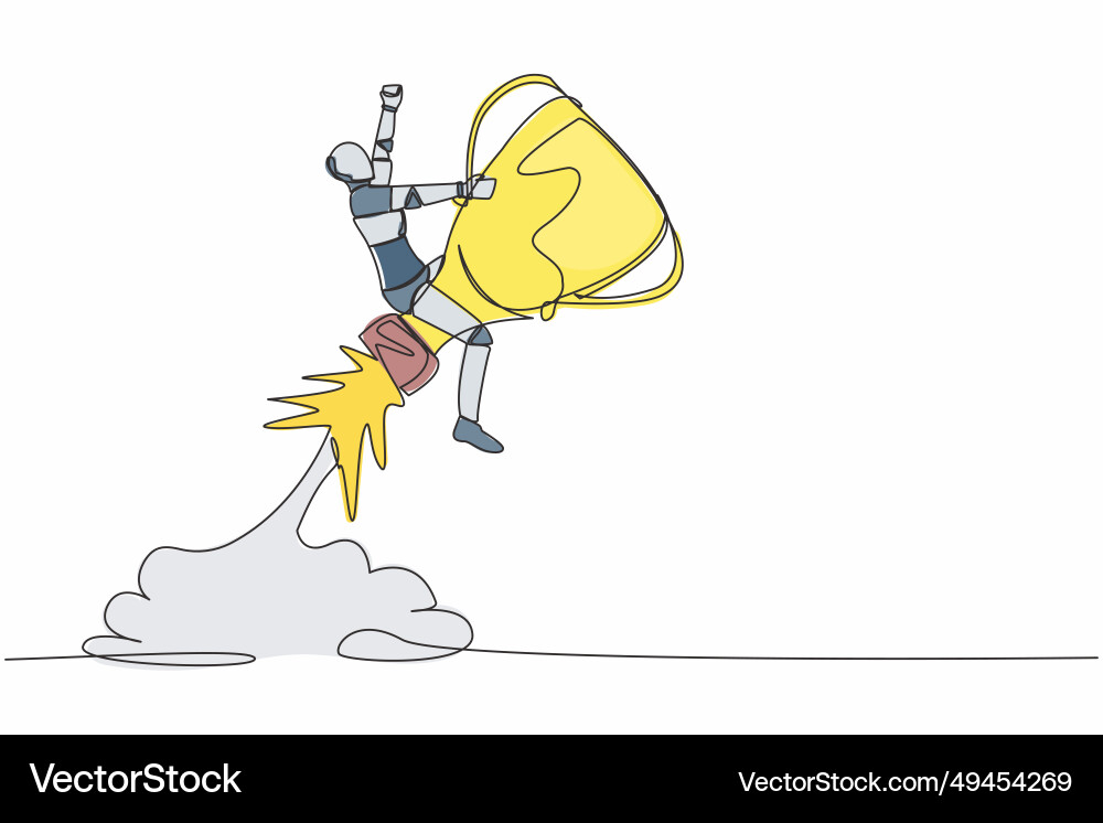 Continuous one line drawing robot riding trophy Continuous one line drawing robot riding trophy vector image