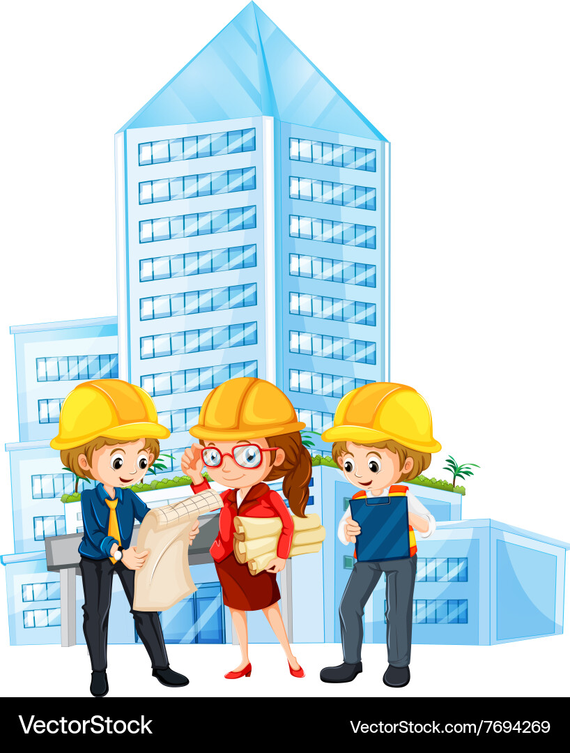Engineers looking at the blueprint of building Vector Image