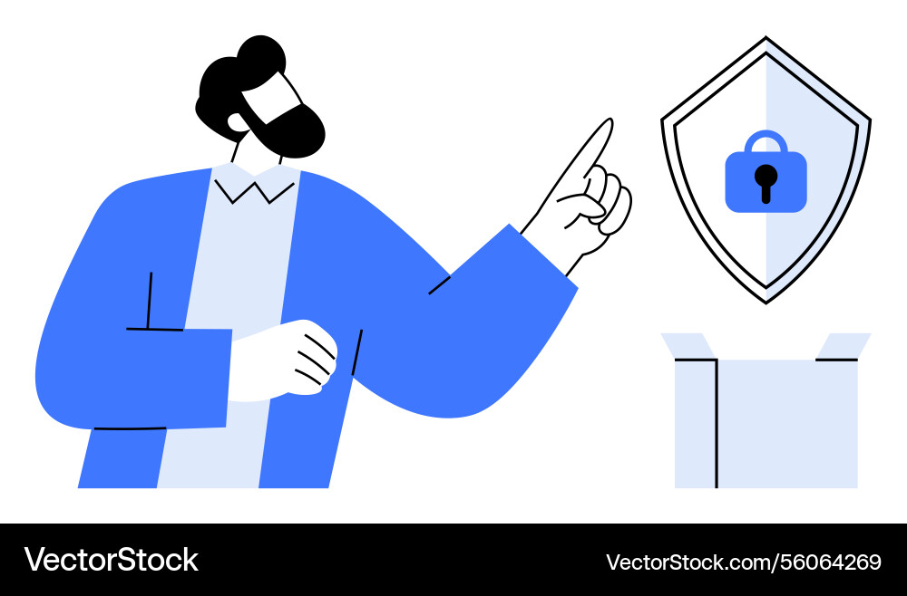 Man pointing at shield with lock symbol over Man pointing at shield with lock symbol over vector image