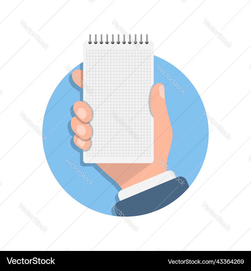 Notebook in hand flat style paper sheet Notebook in hand flat style paper sheet vector image